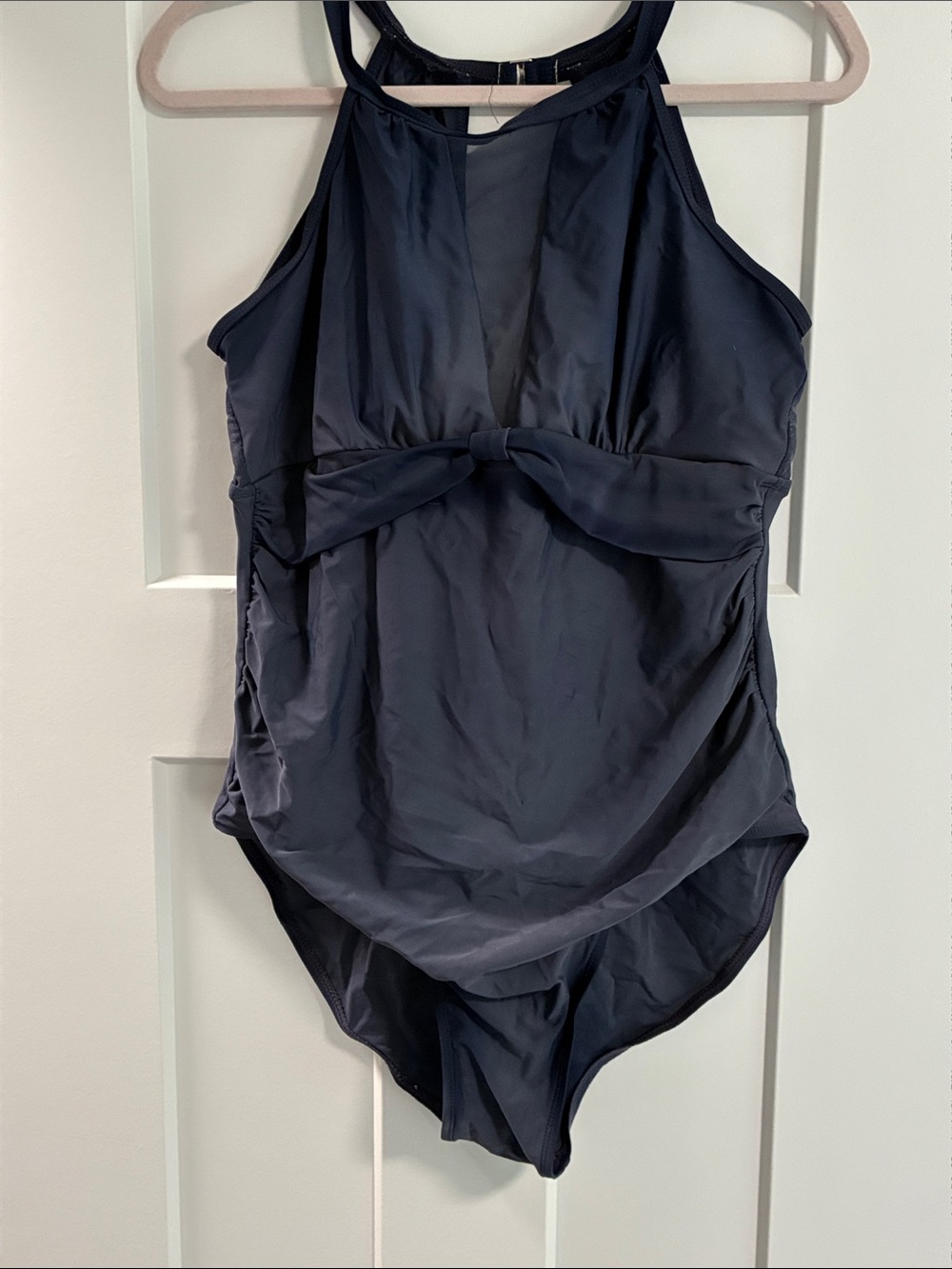 Navy One-Piece Halter Swimsuit with Sheer Cut Out and Back with Front Bow